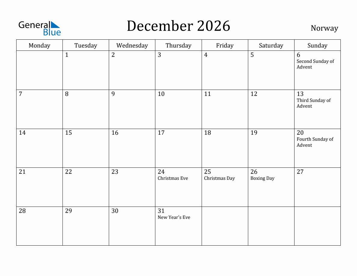 December 2026 Norway Monthly Calendar with Holidays