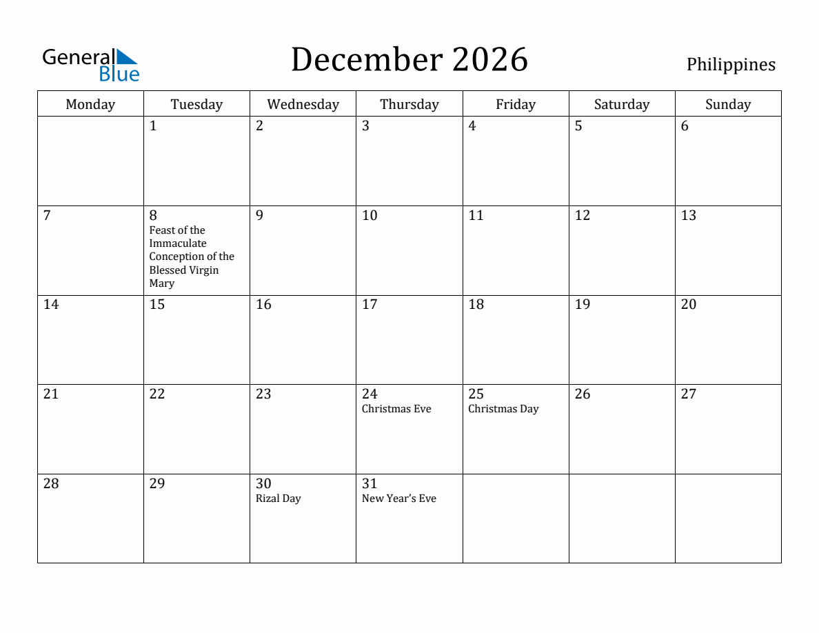 December 2026 Monthly Calendar with Philippines Holidays