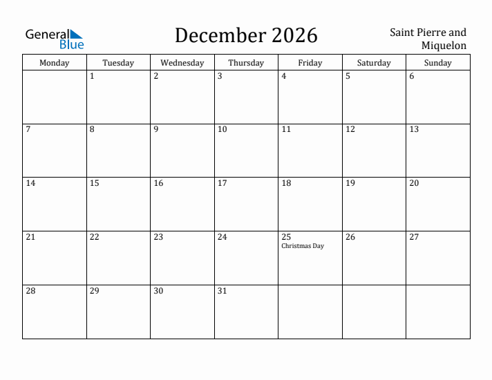 December 2026 Calendar Saint Pierre and Miquelon