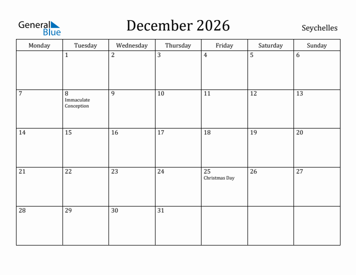 December 2026 Calendar Seychelles