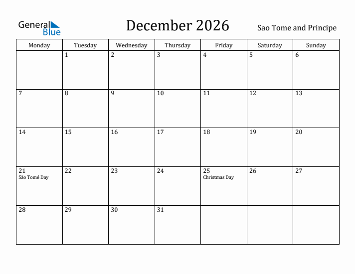 December 2026 Calendar Sao Tome and Principe