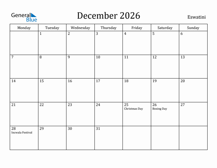 December 2026 Calendar Eswatini