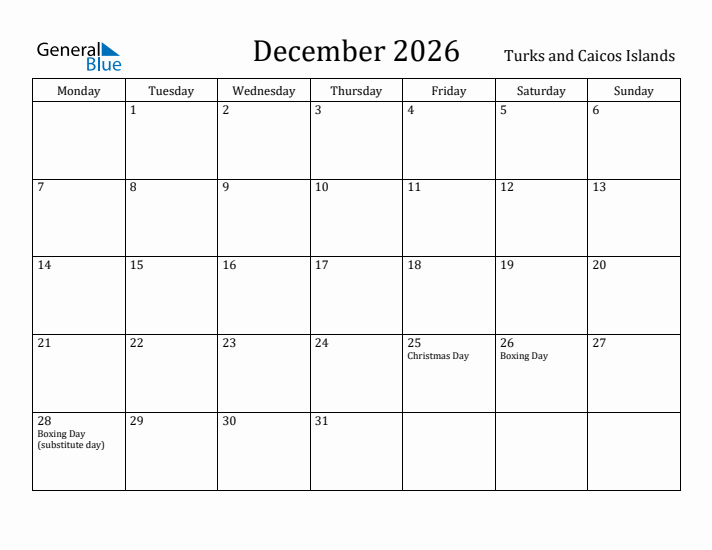 December 2026 Calendar Turks and Caicos Islands