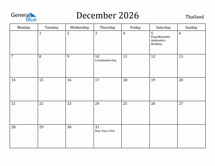 December 2026 Calendar Thailand