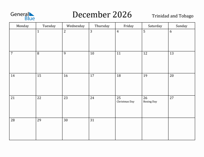December 2026 Calendar Trinidad and Tobago