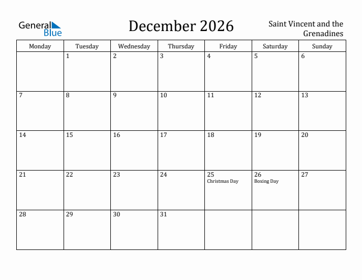 December 2026 Calendar Saint Vincent and the Grenadines