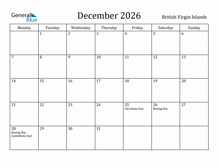 December 2026 Calendar British Virgin Islands