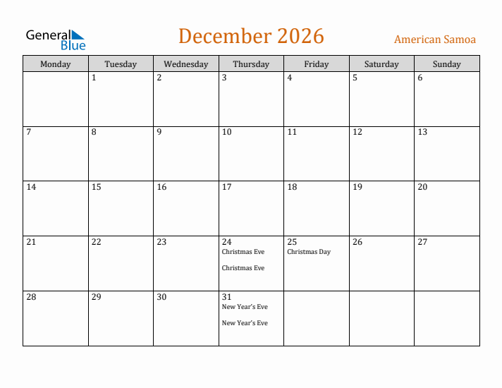 December 2026 Holiday Calendar with Monday Start
