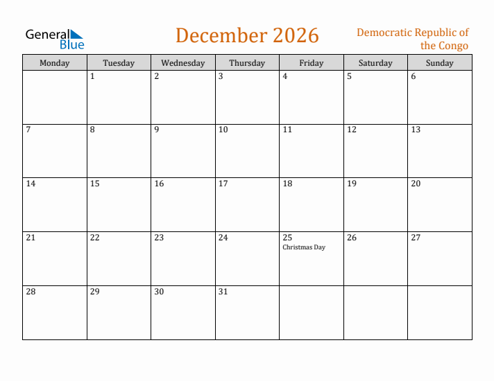 December 2026 Holiday Calendar with Monday Start