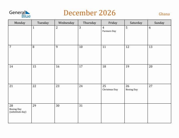 December 2026 Holiday Calendar with Monday Start