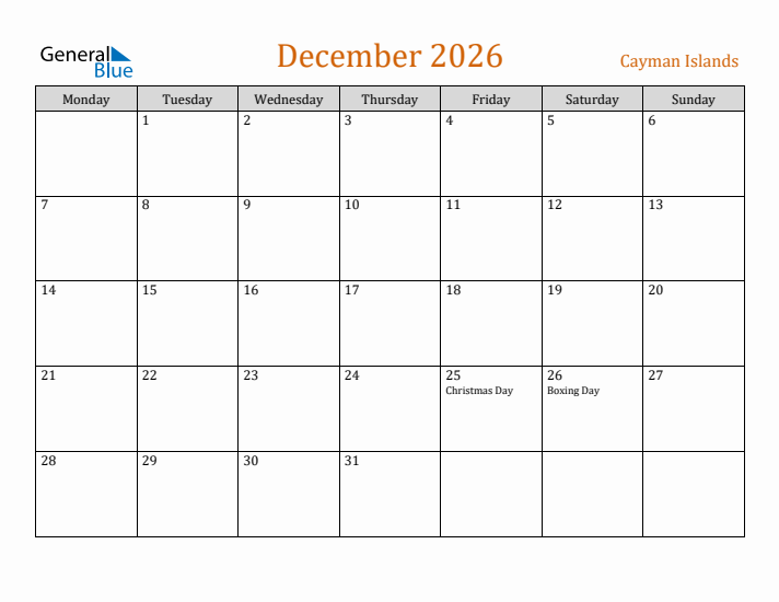 December 2026 Holiday Calendar with Monday Start