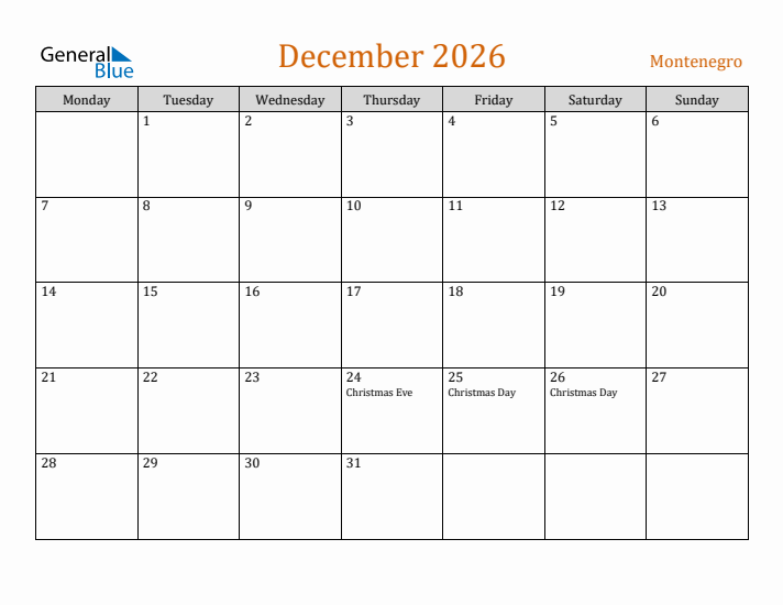 December 2026 Holiday Calendar with Monday Start