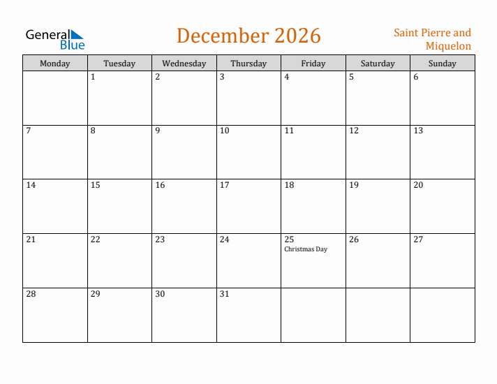 December 2026 Holiday Calendar with Monday Start