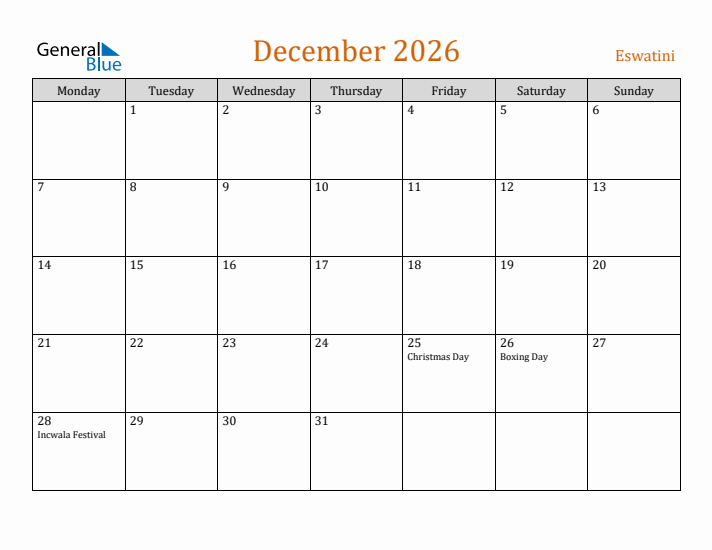 December 2026 Holiday Calendar with Monday Start