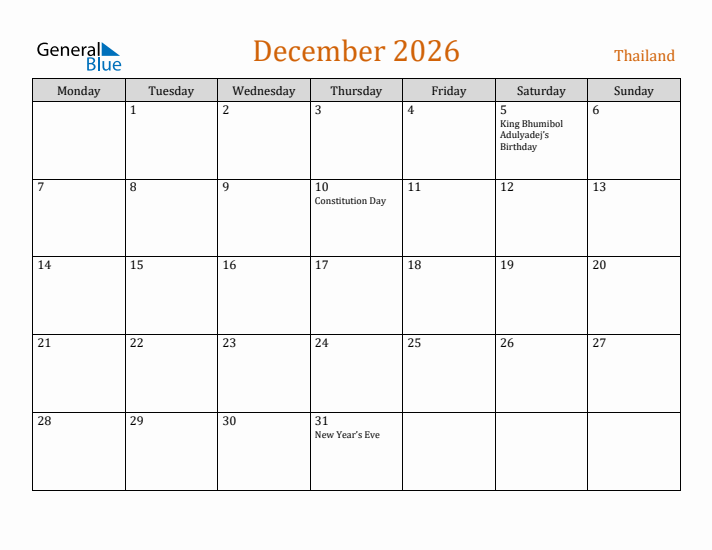 December 2026 Holiday Calendar with Monday Start