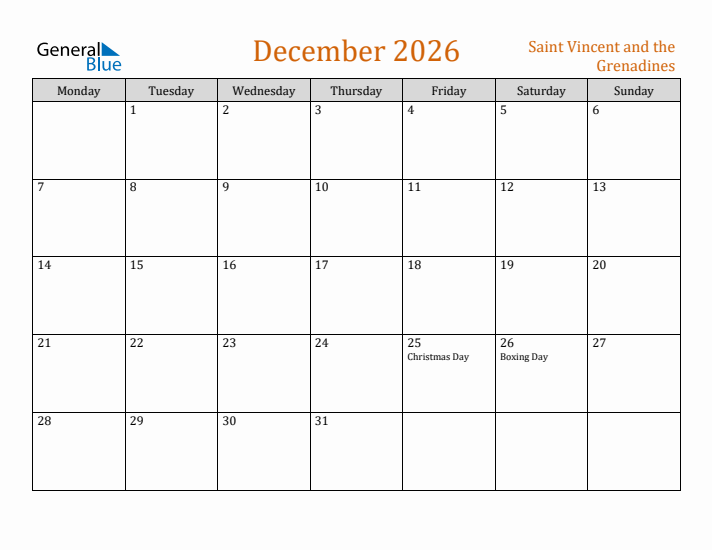 December 2026 Holiday Calendar with Monday Start
