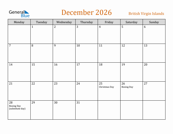 December 2026 Holiday Calendar with Monday Start