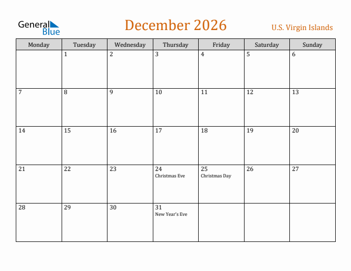 December 2026 Holiday Calendar with Monday Start