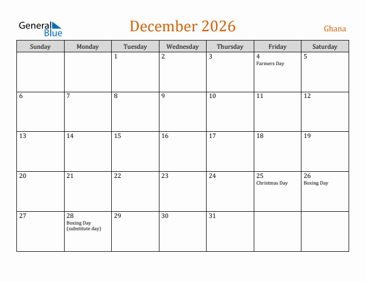 December 2026 Holiday Calendar with Sunday Start