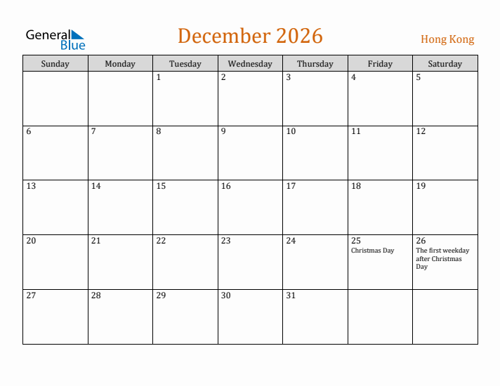 December 2026 Holiday Calendar with Sunday Start