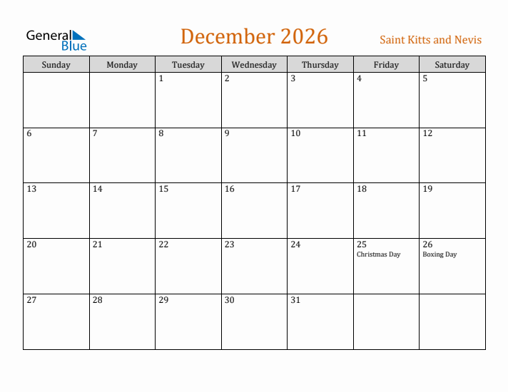 December 2026 Holiday Calendar with Sunday Start