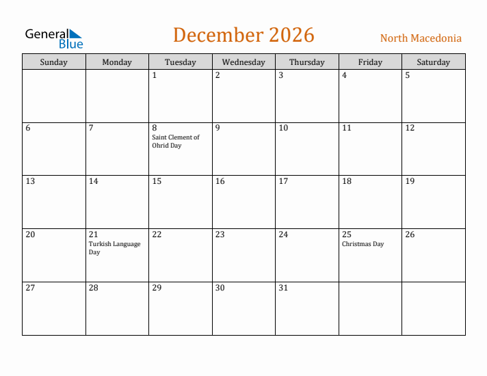 December 2026 Holiday Calendar with Sunday Start