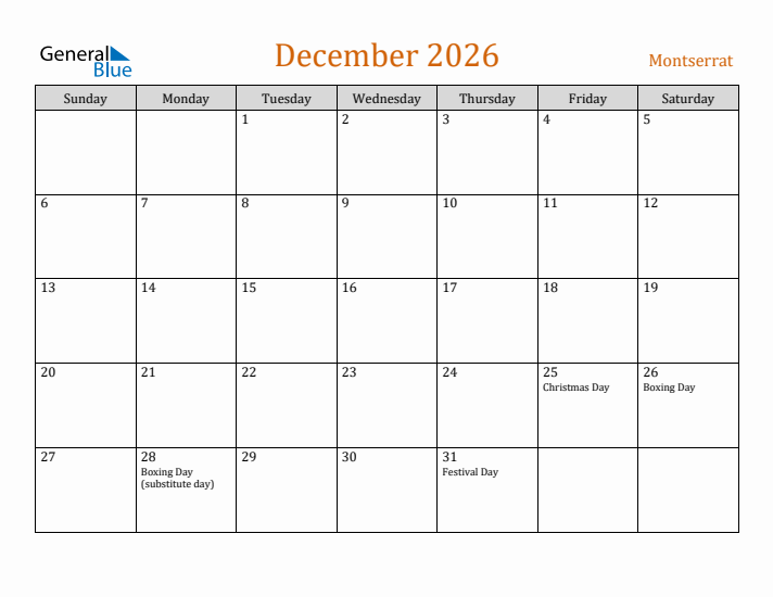 December 2026 Holiday Calendar with Sunday Start