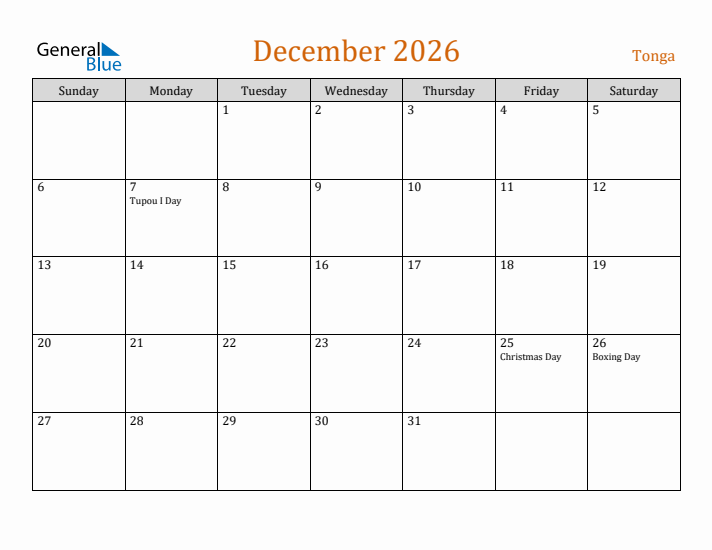December 2026 Holiday Calendar with Sunday Start