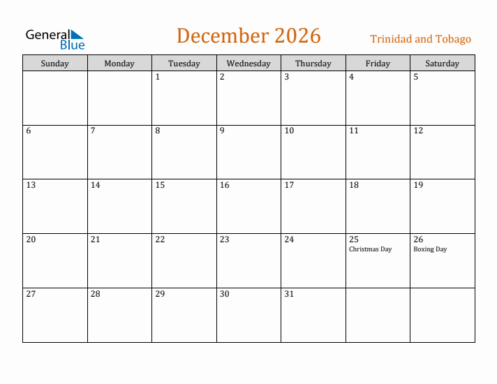 December 2026 Holiday Calendar with Sunday Start
