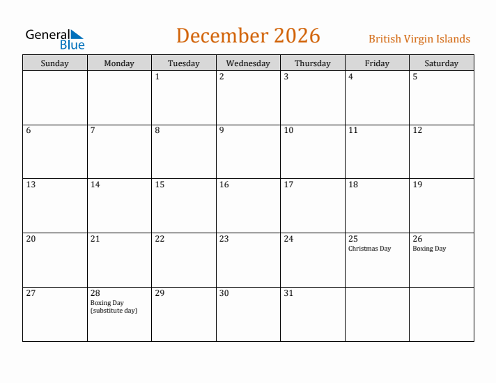 December 2026 Holiday Calendar with Sunday Start