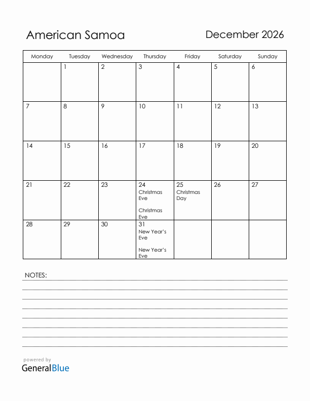 December 2026 American Samoa Calendar with Holidays (Monday Start)