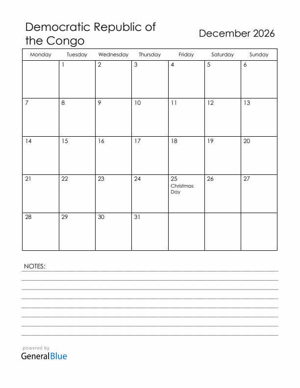 December 2026 Democratic Republic of the Congo Calendar with Holidays (Monday Start)