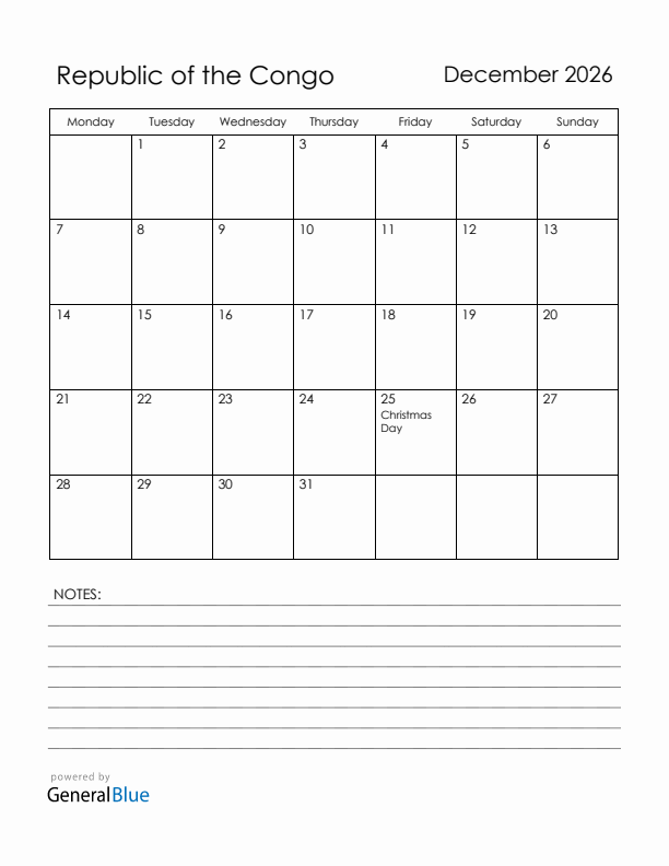 December 2026 Republic of the Congo Calendar with Holidays (Monday Start)