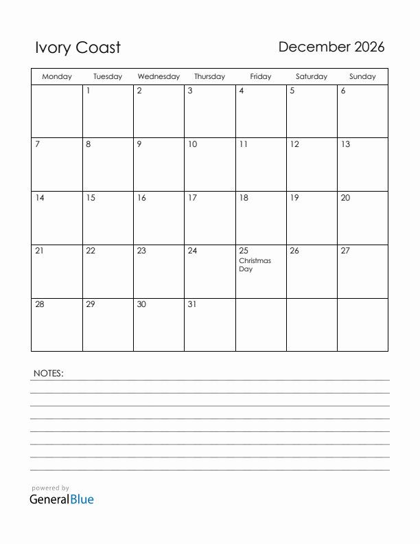 December 2026 Ivory Coast Calendar with Holidays (Monday Start)
