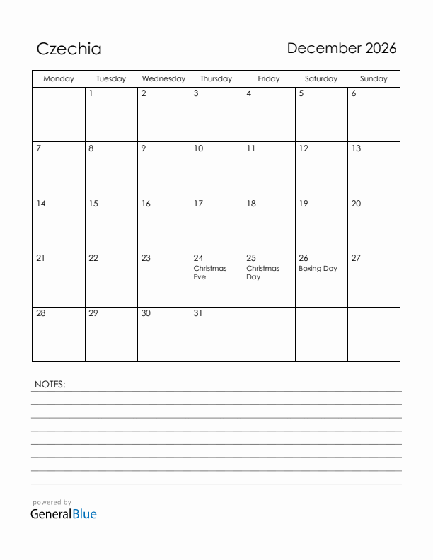 December 2026 Czechia Calendar with Holidays (Monday Start)