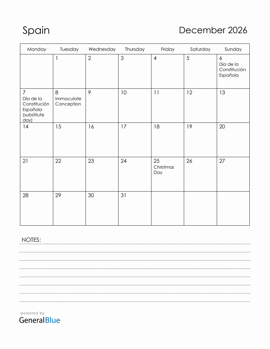 December 2026 Spain Calendar with Holidays December 2026 Spain Calendar with Holidays