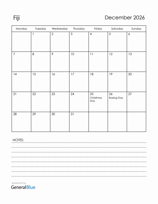 December 2026 Fiji Calendar with Holidays (Monday Start)