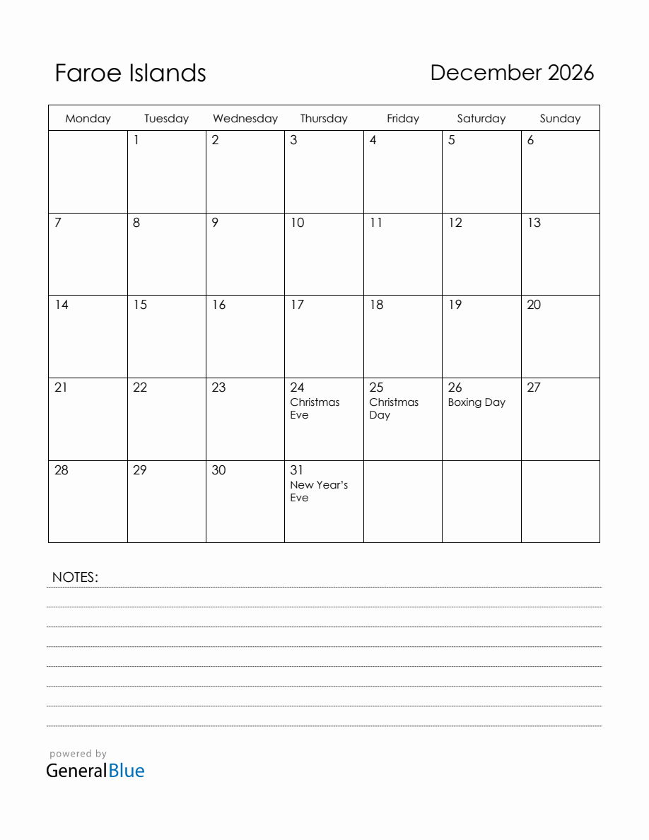 December 2026 Faroe Islands Calendar with Holidays (Monday Start)