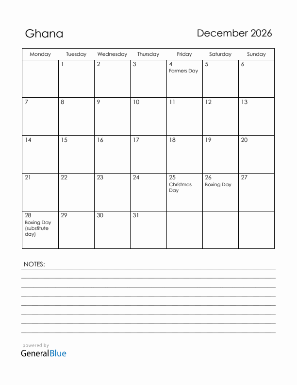 December 2026 Ghana Calendar with Holidays (Monday Start)