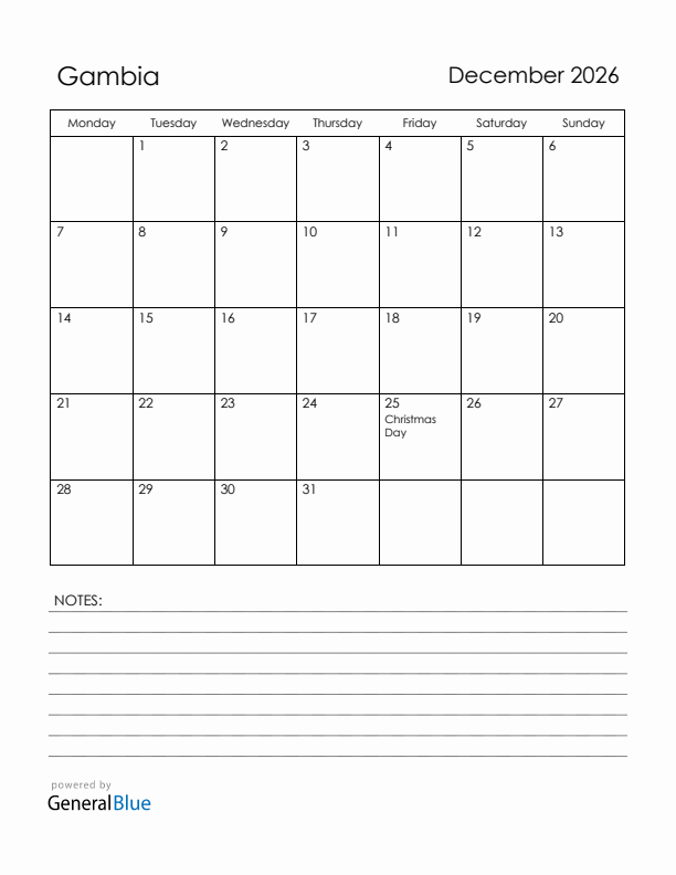 December 2026 Gambia Calendar with Holidays (Monday Start)