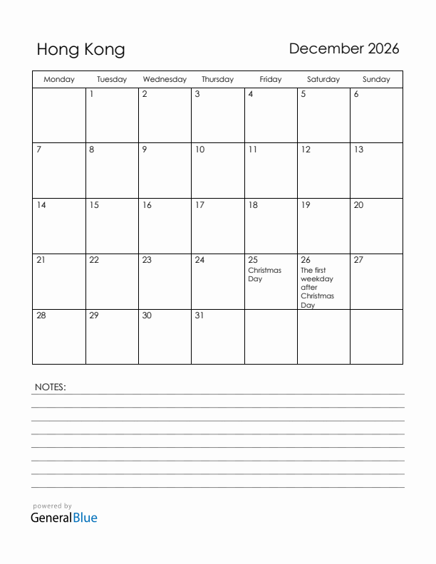 December 2026 Hong Kong Calendar with Holidays (Monday Start)