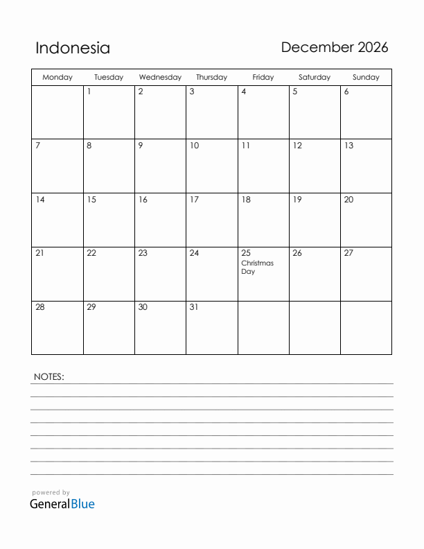 December 2026 Indonesia Calendar with Holidays (Monday Start)