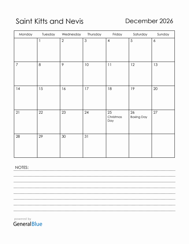 December 2026 Saint Kitts and Nevis Calendar with Holidays (Monday Start)