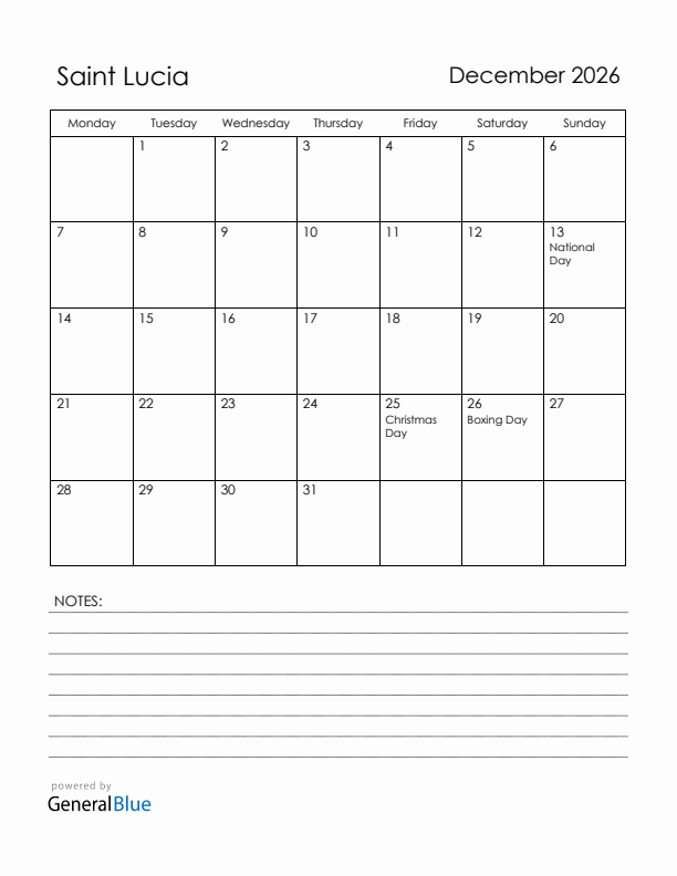December 2026 Saint Lucia Calendar with Holidays (Monday Start)