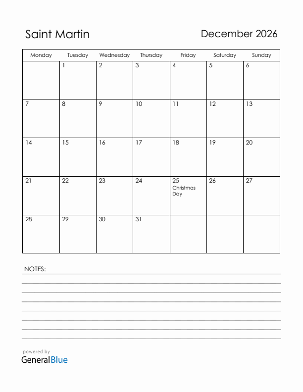 December 2026 Saint Martin Calendar with Holidays (Monday Start)