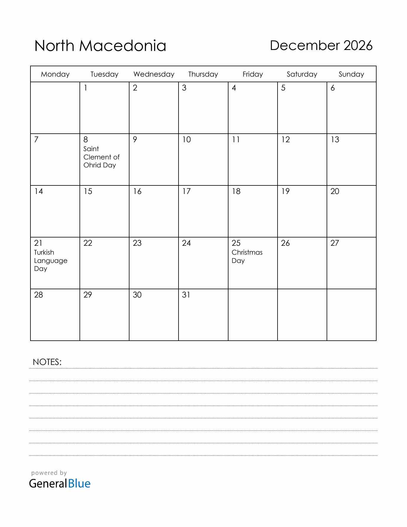 December 2026 North Macedonia Calendar with Holidays (Monday Start)