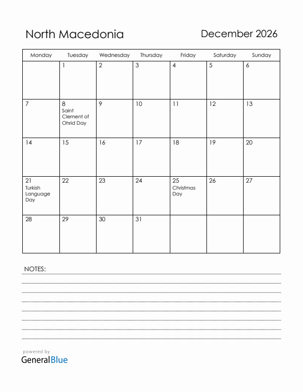 December 2026 North Macedonia Calendar with Holidays (Monday Start)
