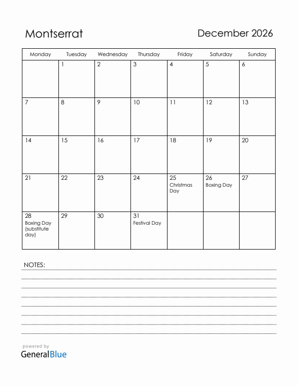 December 2026 Montserrat Calendar with Holidays (Monday Start)