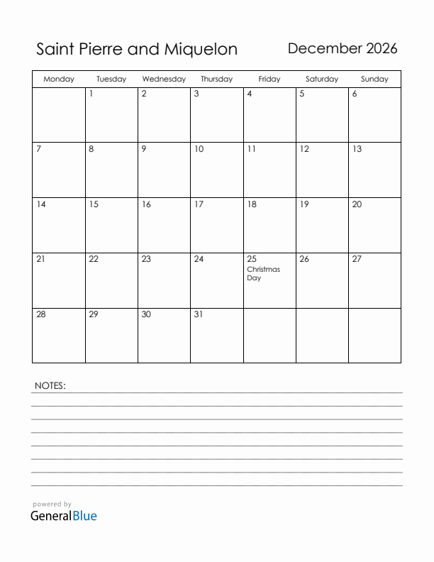 December 2026 Saint Pierre and Miquelon Calendar with Holidays (Monday Start)