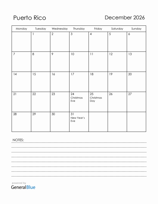 December 2026 Puerto Rico Calendar with Holidays (Monday Start)